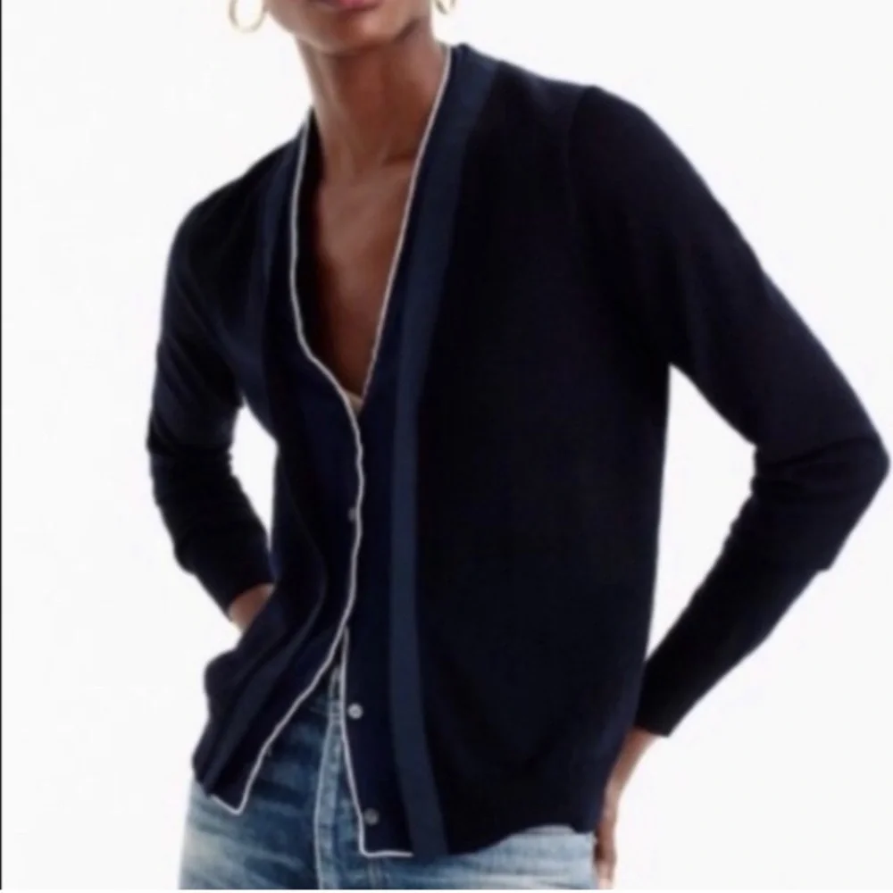 J. Crew Merino Wool Ribbon & Faux Shirt Navy Casual Cardigan Sweater S